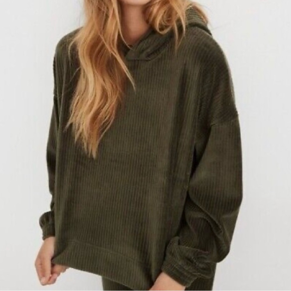 Aerie Groove On Velour Oversized Cropped Hoodie Green Sz XL